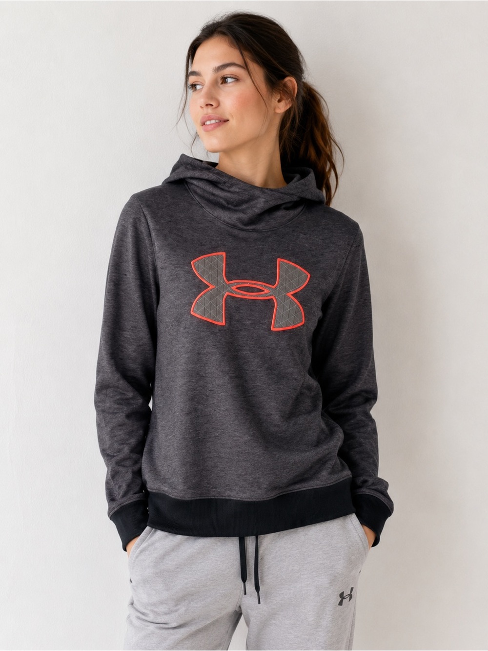 Under Armour Dark Grey Coral Logo Fleece Hoodie Pullover
